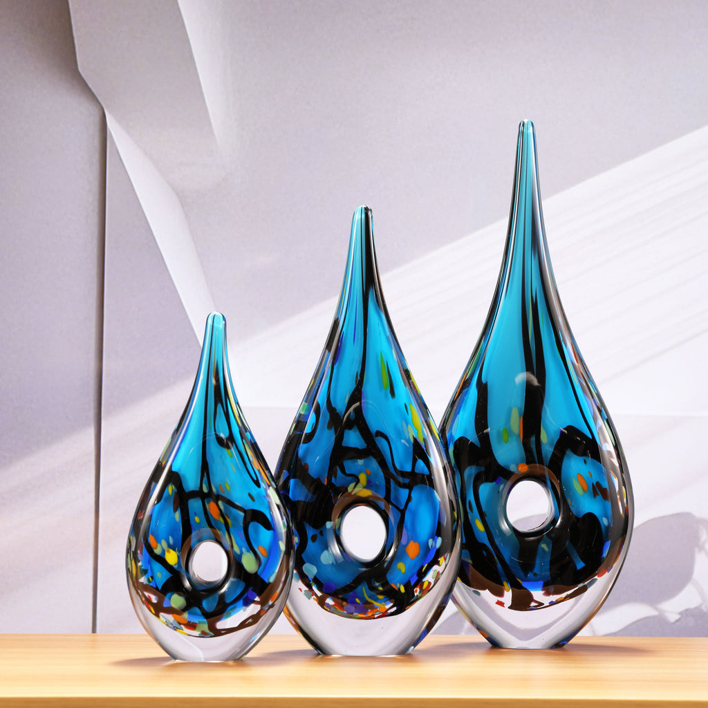Abstract Blue Teardrop Glass Sculpture