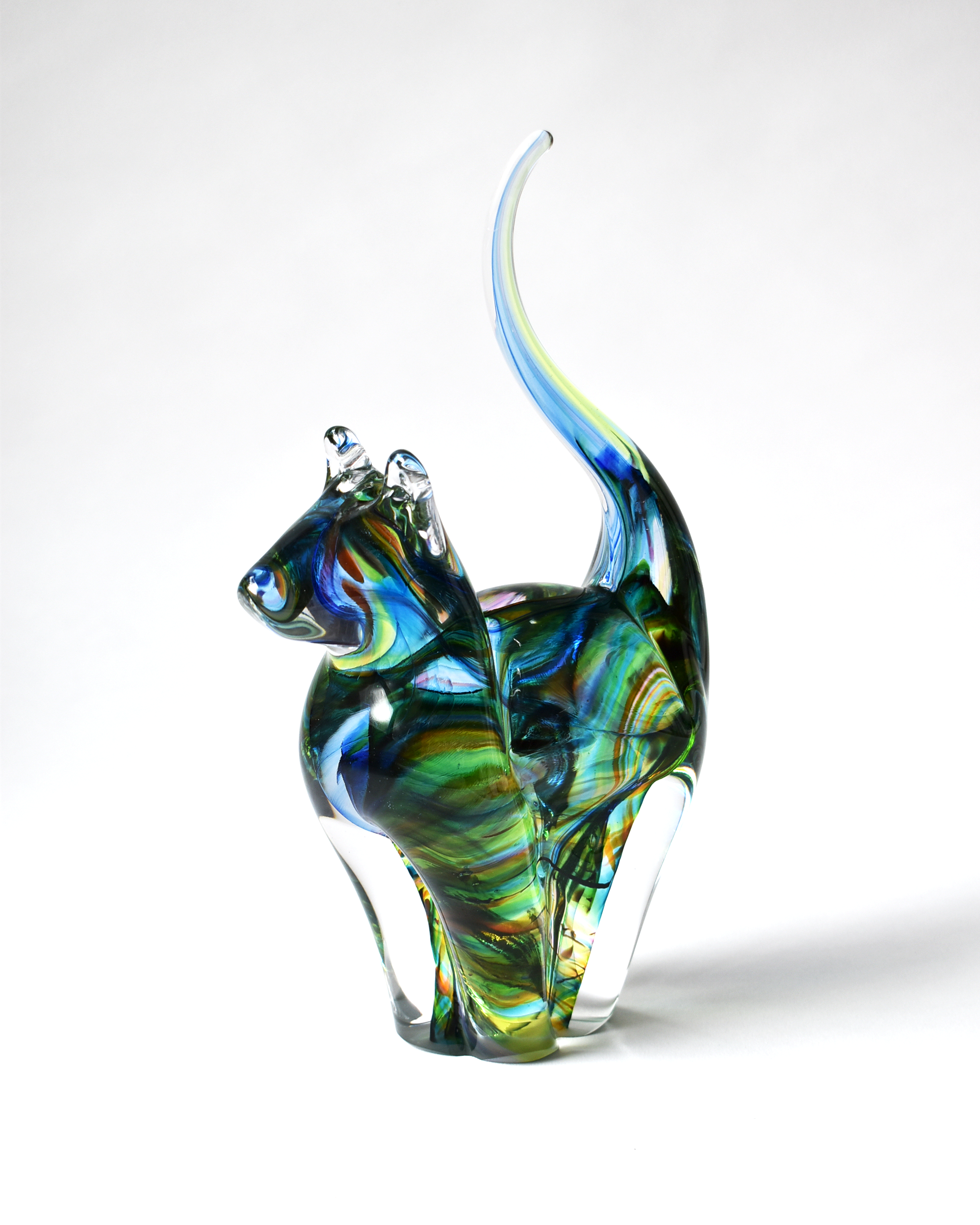 Rainbow Streak Blown Glass Cat