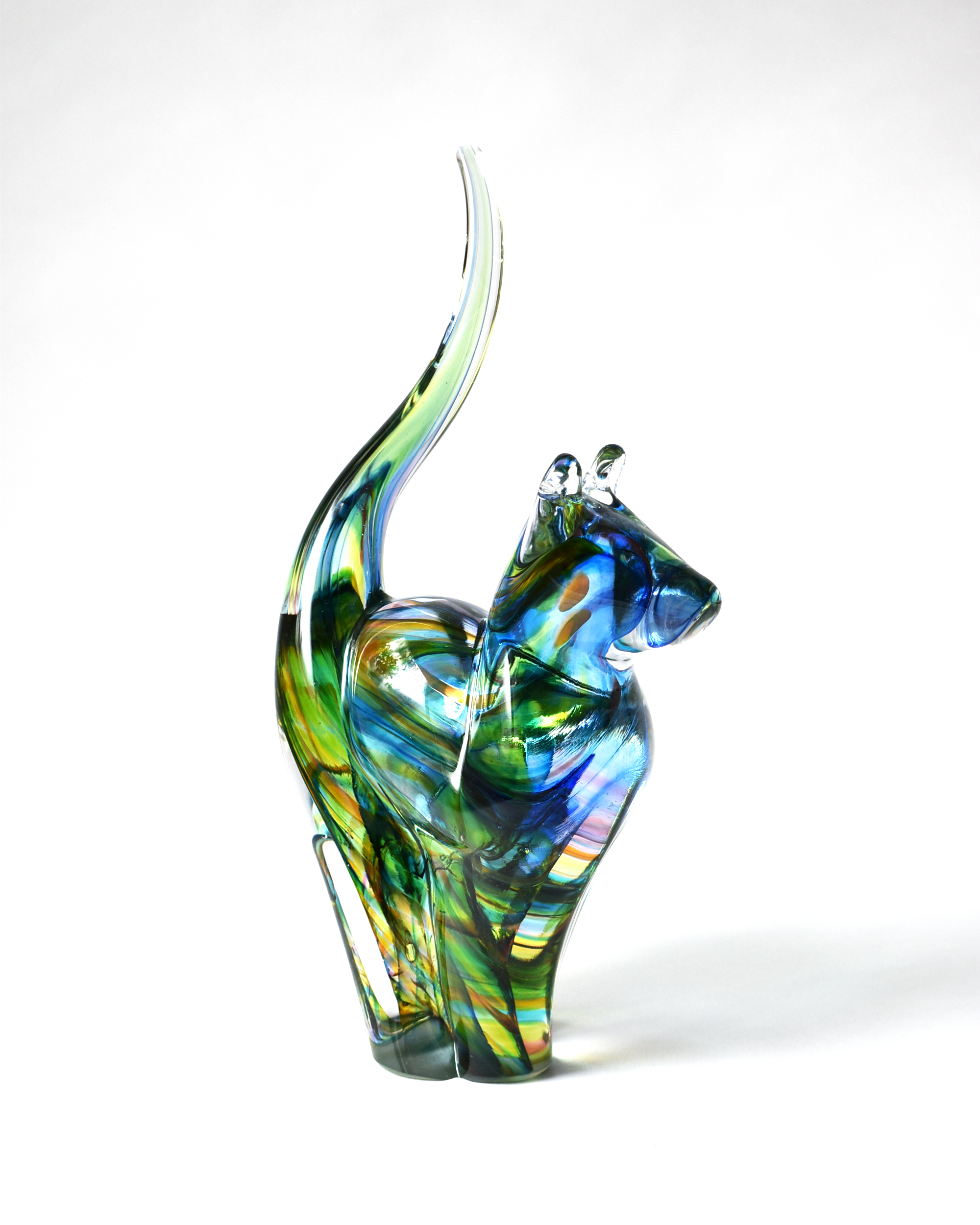 Rainbow Streak Blown Glass Cat